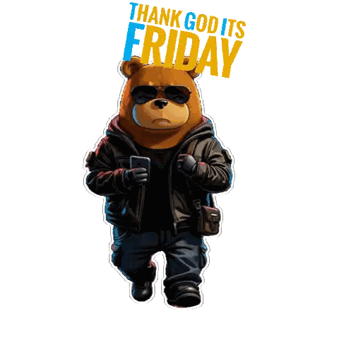 a teddy bear wearing sunglasses and a leather jacket is holding a cell phone with the words thank god its friday above h
