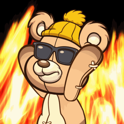 A Teddy Bear Wearing Sunglasses And A Yellow Hat Is Standing In Front Of Flames GIF