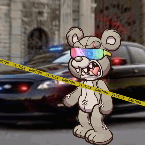 A Teddy Bear Wearing Sunglasses Is Standing In Front Of A Police Car Behind A Caution Tape GIF