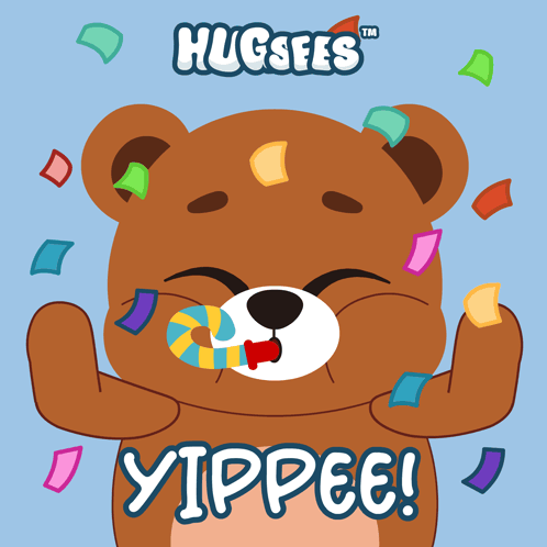 A Teddy Bear With A Candy Cane In Its Mouth Is Surrounded By Confetti And The Words Hugsfes Tm GIF