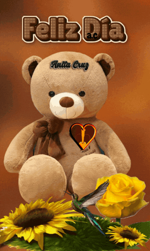 A Teddy Bear With A Heart And The Words Feliz Dia Written On It GIF