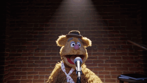 Teddy Bear With Hula Hoop Standing In Front Of Microphone GIF