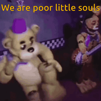 A Teddy Bear With A Purple Hat And The Words We Are Poor Little Souls Below It GIF