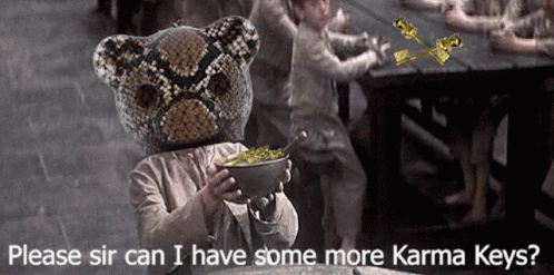 A Teddy Bear With A Snake Head Is Holding A Bowl Of Food With The Words Please Sir Can I Have Some More Karma Keys GIF