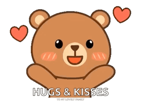 A Teddy Bear With Hearts Around It And The Words Hugs & Kisses GIF