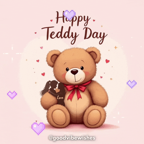 A Teddy Bear With The Words Happy Teddy Day Written Above It GIF