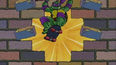 A Teenage Mutant Ninja Turtle Is Riding A Skateboard Through A Brick Wall GIF