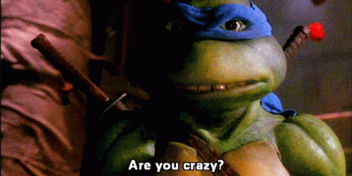 A Teenage Mutant Ninja Turtle With A Blue Bandana On His Head Says " Are You Crazy " GIF