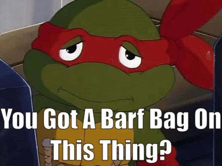 A Teenage Mutant Ninja Turtle With A Caption That Says " You Got A Barf Bag On This Thing " GIF