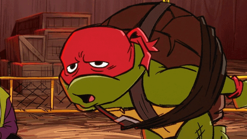 A Teenage Mutant Ninja Turtle With A Red Headband On His Head GIF