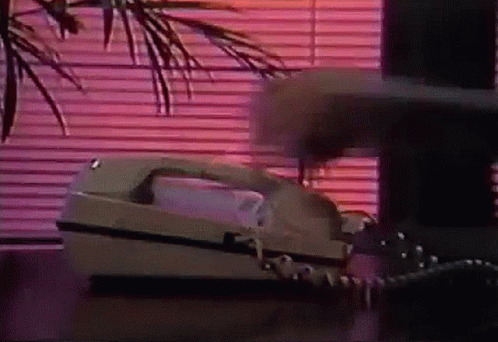 A Telephone Is On A Table In Front Of A Window With Blinds . GIF