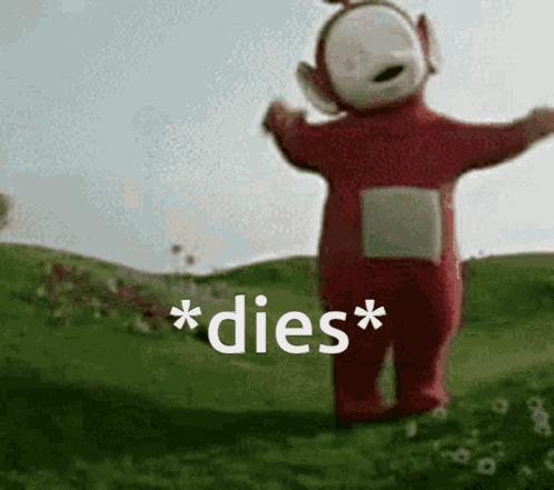 A Teletubbies Character Is Standing In A Field With His Arms Outstretched GIF