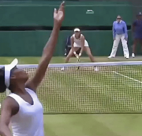 A Tennis Player Is Reaching For The Ball While Another Player Stands Behind Her GIF