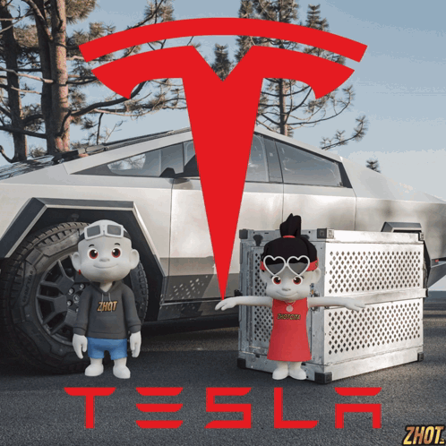 A Tesla Advertisement With Two Dolls In Front Of The Car GIF