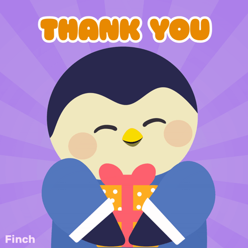 A Thank You Card With A Penguin Holding A Heart Shaped Present GIF