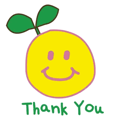 a thank you card with a yellow smiley face and green leaves