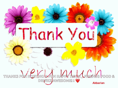 A Thank You Card With Colorful Flowers And The Words " Thank You Very Much " GIF