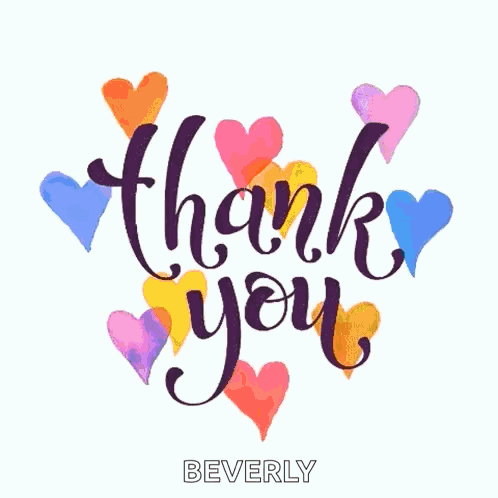 A Thank You Card With Hearts Around It And The Name Beverly GIF