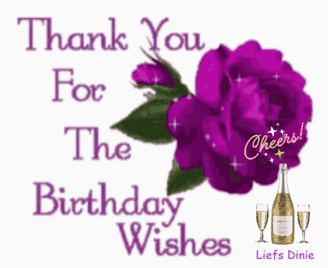 A Thank You For The Birthday Wishes Card With A Purple Flower And Champagne GIF