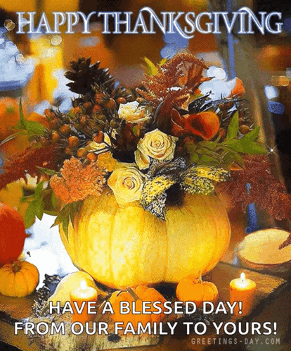 A Thanksgiving Card With A Pumpkin Filled With Flowers And Candles . GIF