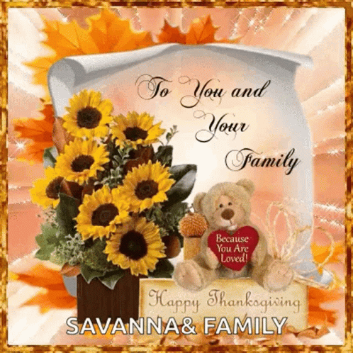 A Thanksgiving Card With A Teddy Bear And Sunflowers GIF