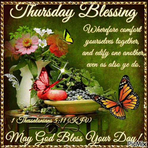 A Thursday Blessing Greeting Card With Butterflies And Flowers GIF