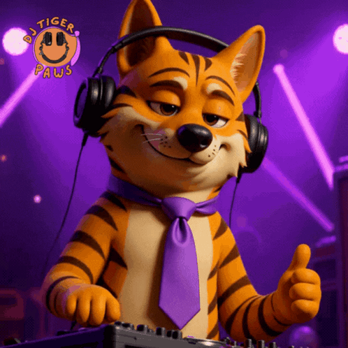 A Tiger Paws Mascot Wearing Headphones And A Purple Tie GIF