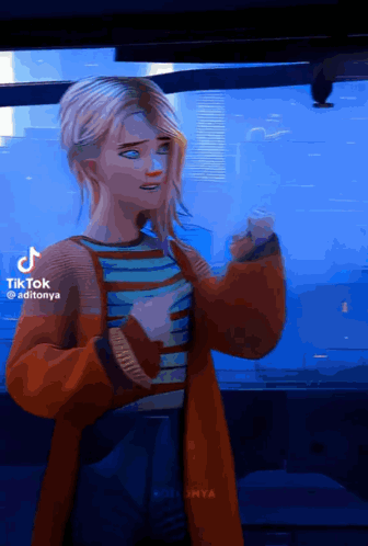 a tiktok video of a girl in a striped shirt and orange coat