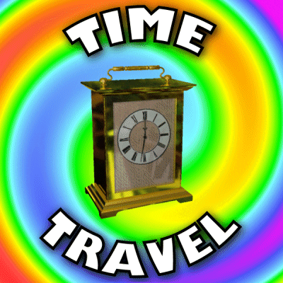 A Time Travel Logo With A Clock On A Rainbow Background GIF