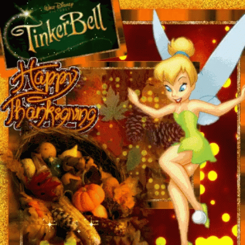 A Tinkerbell Happy Thanksgiving Card With A Basket Full Of Vegetables GIF