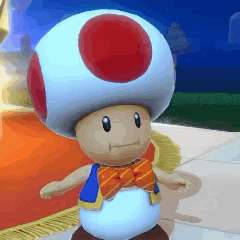 a toad is wearing a blue vest and a red bow tie