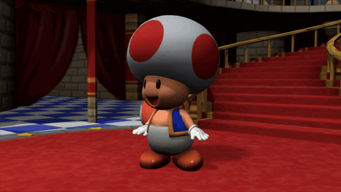 A Toad Standing On A Red Carpet Next To Stairs GIF