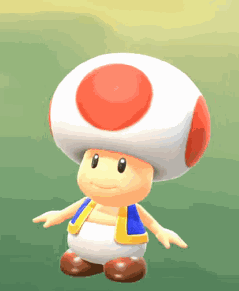 A Toad With A Red Circle On His Head Is Standing On A Green Field . GIF