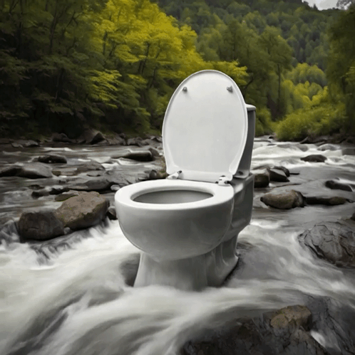 A Toilet Sits In The Middle Of A River With The Lid Up GIF