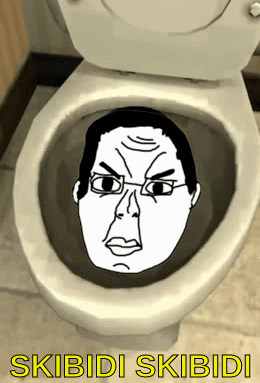 A Toilet With A Drawing Of A Man 'S Face And The Words Skibidi Skibidi Below It GIF