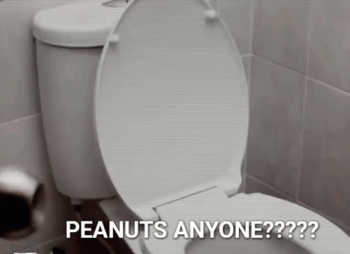A Toilet With The Lid Up And The Words Peanuts Anyone On It GIF