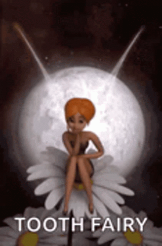 A Tooth Fairy Is Sitting On A Daisy In Front Of The Moon GIF