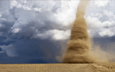 A Tornado Is Moving Through A Field With A Cloudy Sky Behind It GIF