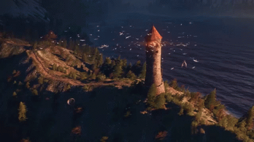 A Tower With A Red Roof Sits On Top Of A Small Island With Birds Flying Around It GIF
