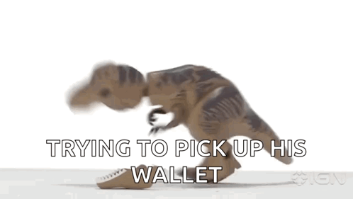 A Toy Dinosaur Is Trying To Pick Up A Wallet . GIF