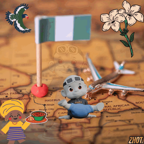 A Toy Plane Is Sitting On Top Of A Map With The Word Nigeria On It GIF