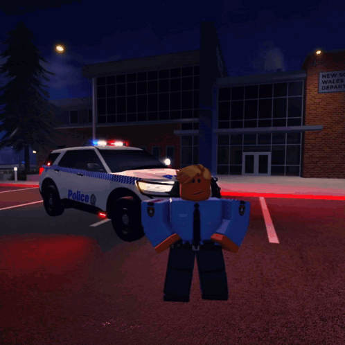A Toy Police Officer Is Standing In Front Of A Police Car GIF