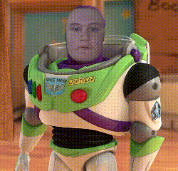 A Toy Story Buzz Lightyear Doll With A Man 'S Face On It GIF