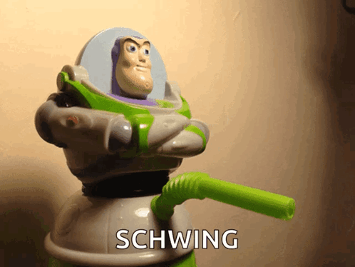 A Toy Story Buzz Lightyear Holding A Green Straw With Schwing Written On The Bottom GIF