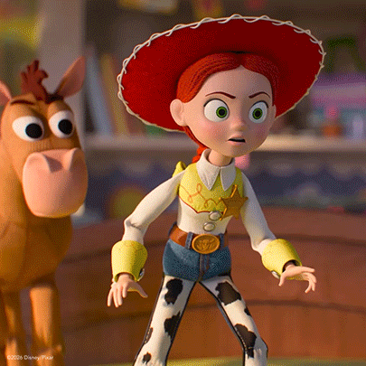 A Toy Story Character Is Standing Next To A Stuffed Animal GIF