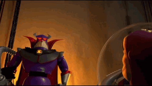 A Toy Story Character Named Buzz Lightyear Stands Next To A Purple Robot GIF