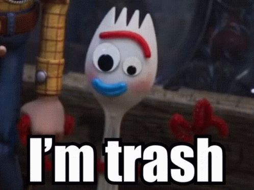 A Toy Story Character Says I 'M Trash Next To A Woody Figure GIF