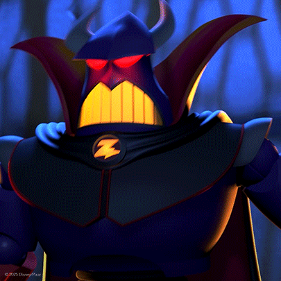 A Toy Story Character With Horns And A Lightning Bolt Around His Neck GIF