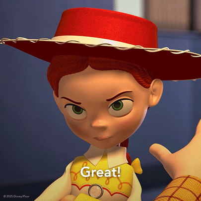 A Toy Story Jessie Doll With A Red Hat And A Yellow Vest Says Great GIF