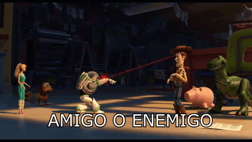 A Toy Story Scene With The Words Amigo O Enemigo In The Corner GIF